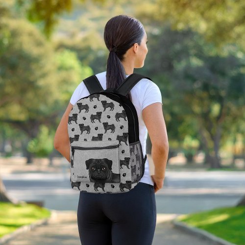 Black Pug Dog Mops Design Pattern With Name Gray Printed Backpack