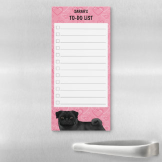 Black Pug Dog Mops Pink Love Hearts To-Do List Magnetic Notepad