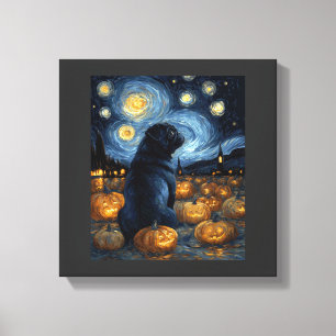 Black Pug dog of van gogh starry night halloween F Canvas Print