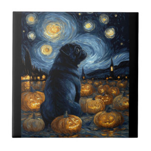 Black Pug dog of van gogh starry night halloween F Ceramic Tile