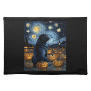 Black Pug dog of van gogh starry night halloween F Cloth Placemat