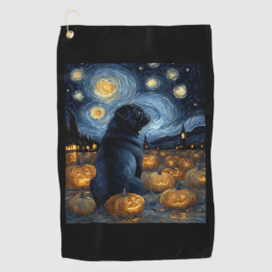 Black Pug dog of van gogh starry night halloween F Golf Towel
