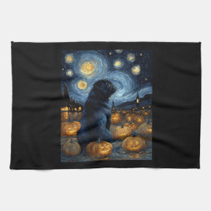 Black Pug dog of van gogh starry night halloween F Kitchen Towel