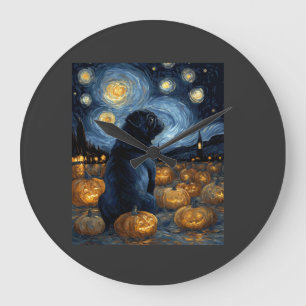 Black Pug dog of van gogh starry night halloween F Large Clock