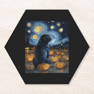 Black Pug dog of van gogh starry night halloween F Paper Coaster