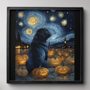Black Pug dog of van gogh starry night halloween F Peel And Stick Photo Tile