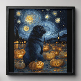 Black Pug dog of van gogh starry night halloween F Peel And Stick Photo Tile