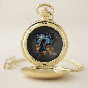 Black Pug dog of van gogh starry night halloween F Pocket Watch