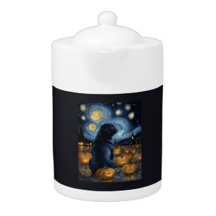 Black Pug dog of van gogh starry night halloween F Teapot