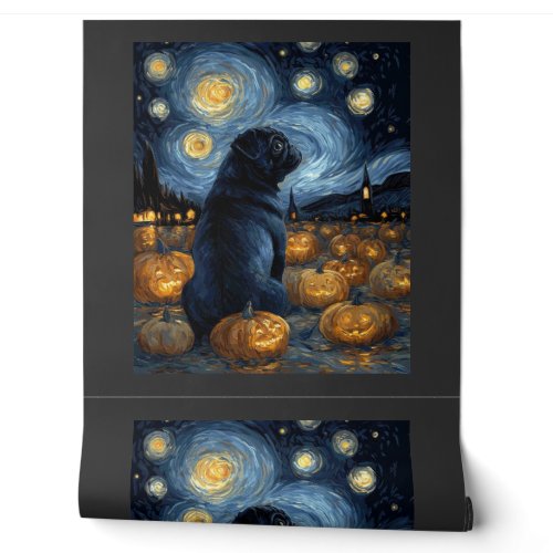 Black Pug dog of van gogh starry night halloween F Wallpaper