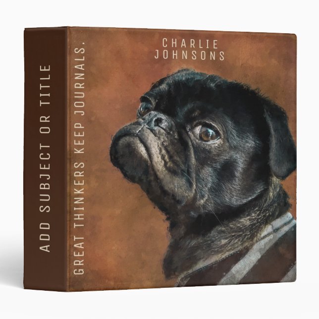 Black Pug Dog Personalized 3 Ring Binder (Front/Spine)