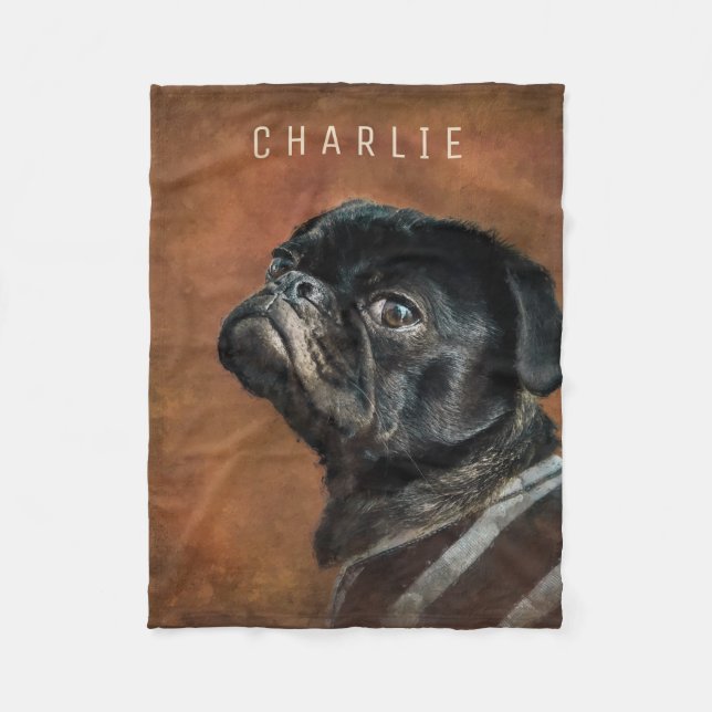 Black Pug Dog Personalized Fleece Blanket (Front)