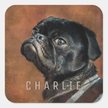Black Pug Dog Personalized Square Sticker by ironydesignphotos at Zazzle