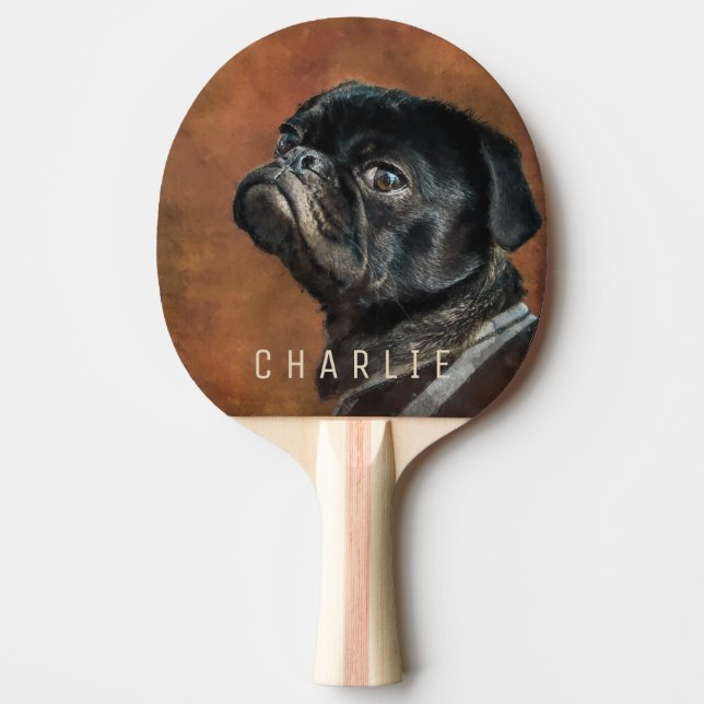 Black Pug Dog Ping Pong Paddle (Front)