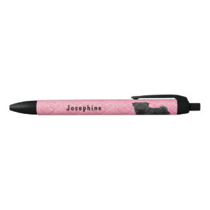 Black Pug Dog Pink Love Hearts Pattern With Name Pen
