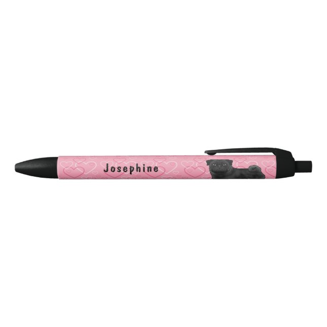 Black Pug Dog Pink Love Hearts Pattern With Name Pen (Top)