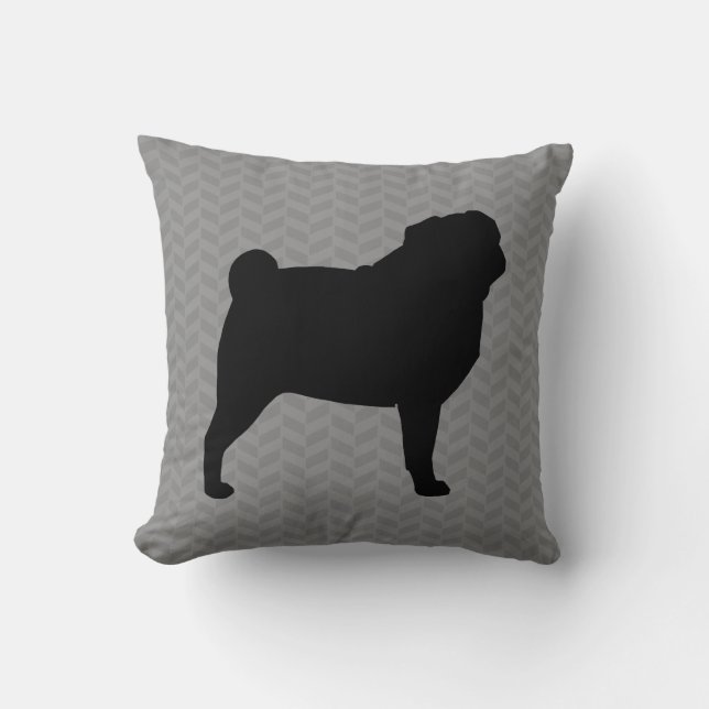 Black Pug Dog Silhouette on Grey Herringbone Throw Pillow (Front)