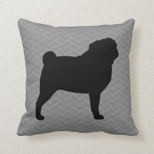 Black Pug Dog Silhouette on Grey Herringbone Throw Pillow