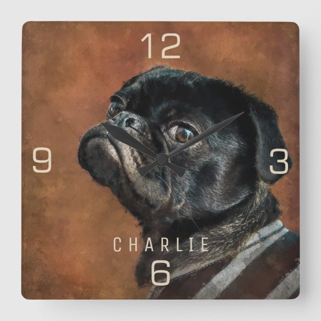 Black Pug Dog Square Wall Clock (Front)