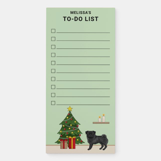 Black Pug Dog With A Christmas Tree To-Do List Magnetic Notepad (Front)