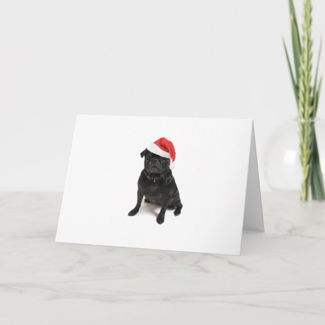 Black pug dog with red santa hat holiday card (Front)