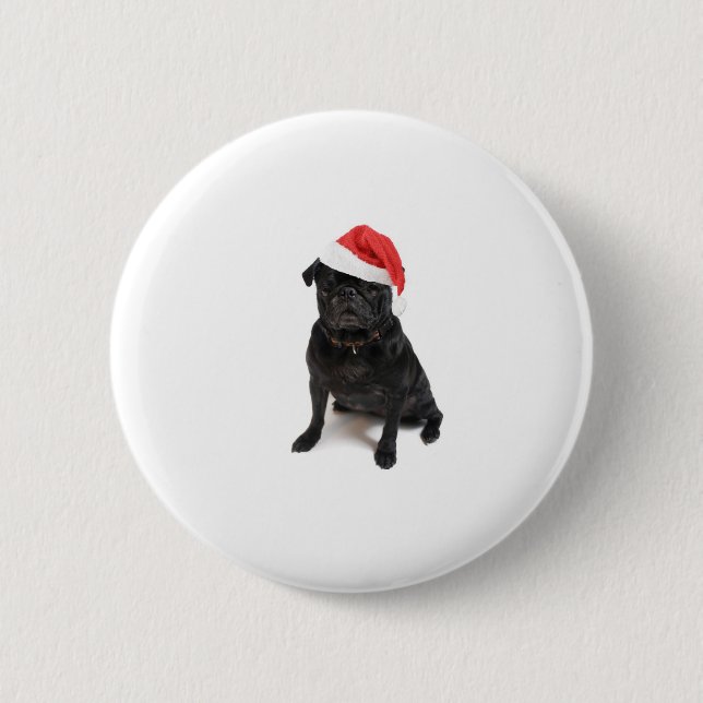 Black pug dog with red santa hat pinback button (Front)