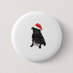 Black pug dog with red santa hat pinback button