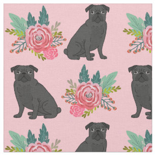 Black Pug dogs pink floral Fabric