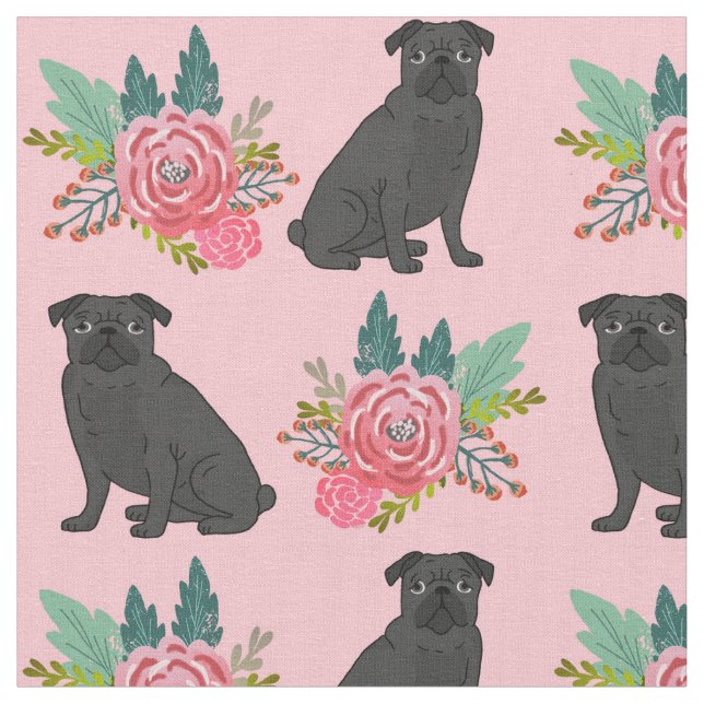 Black Pug dogs pink floral Fabric (Close Up)