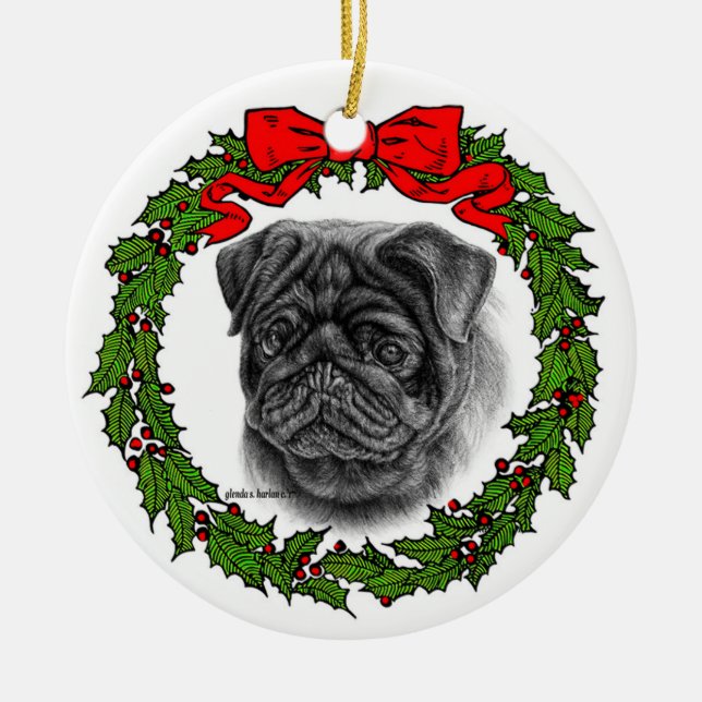 Black Pug Drawing by Glenda S. Harlan Ceramic Ornament (Front)