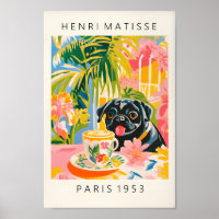 Black Pug Drinking Coffee, Funny Dog Print, Aesthe