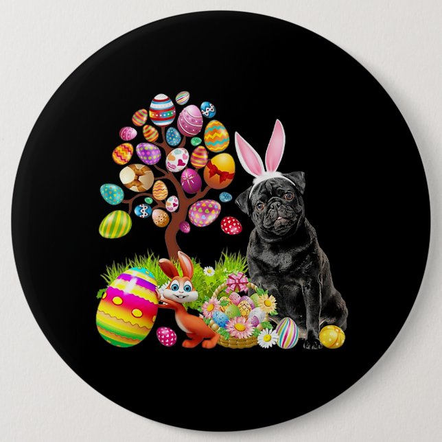BLACK Pug Easter Egg Tree Dogs Bunny Easters Day Button (Front)