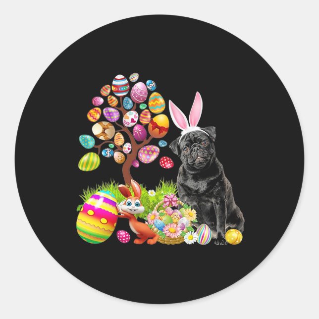 BLACK Pug Easter Egg Tree Dogs Bunny Easters Day Classic Round Sticker (Front)