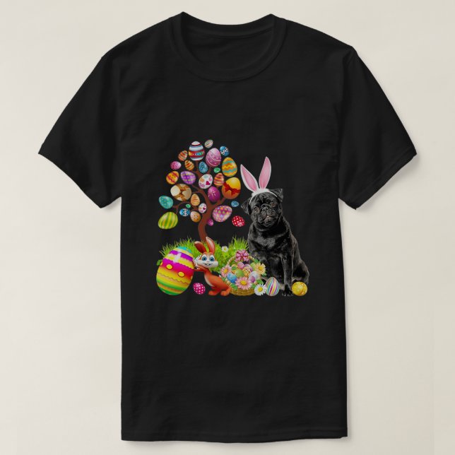 BLACK Pug Easter Egg Tree Dogs Bunny Easters Day T-Shirt (Design Front)