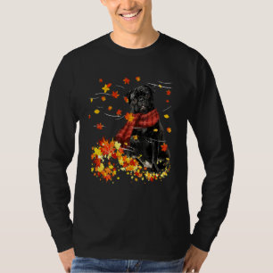 Black Pug Fall Red Scarf Autumn Leaf  For Dog T-Shirt