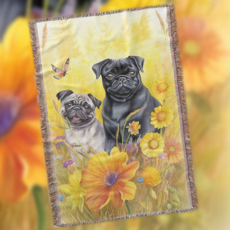 Black Pug Fawn Field Yellow Wildflowers Dog Lover Throw Blanket