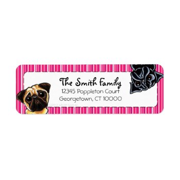Black Pug Fawn Pug Up Down Pink Stripes Label by offleashart at Zazzle