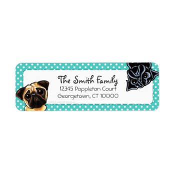 Black Pug Fawn Pug Up Down Teal Dots Label by offleashart at Zazzle