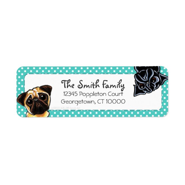 Black Pug Fawn Pug Up Down Teal Dots Label (Front)