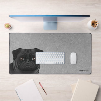 Black Pug Head Cartoon Dog With Custom Name Gray Desk Mat