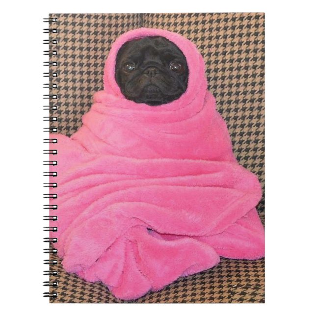 Black Pug in A Pink Blanket Notebook (Front)