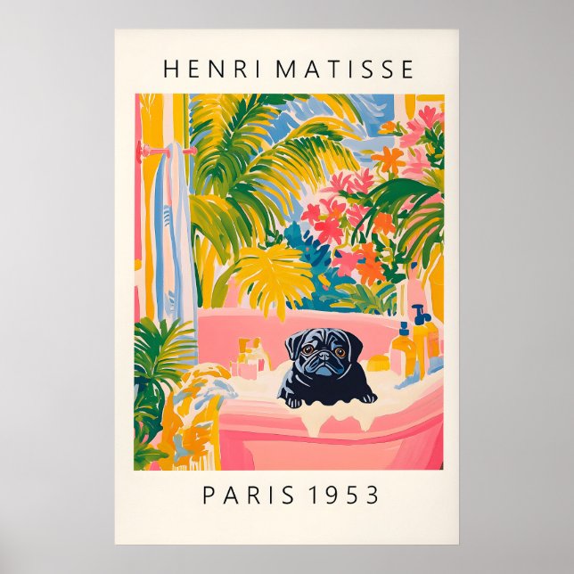 Black Pug in Bathtub Art Print Funny Dog Bathroom (Front)