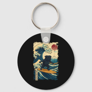 Black Pug Japanese Kanagawa Wave Surfing Japan Mom Keychain