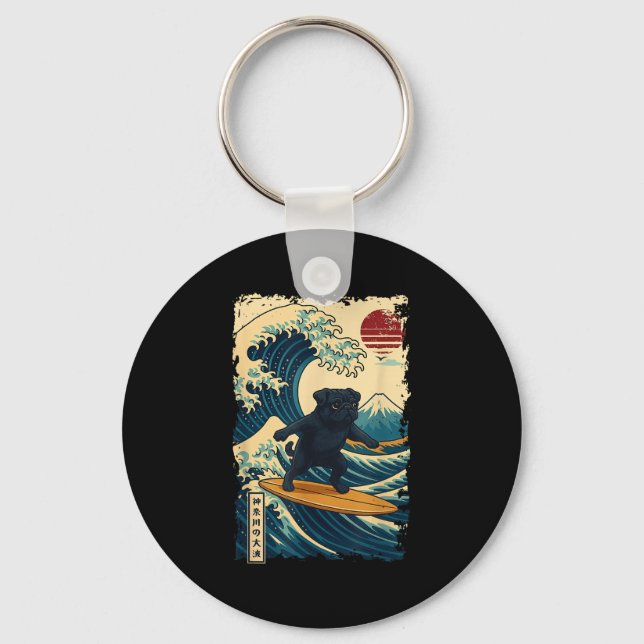 Black Pug Japanese Kanagawa Wave Surfing Japan Mom Keychain (Front)