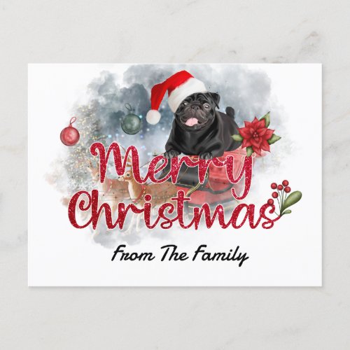 Black Pug Merry Christmas with Poinsettia Flower  Postcard