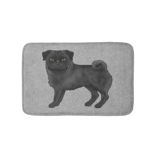Black Pug Mops Breed Dog Cartoon Illustration Gray Bath Mat