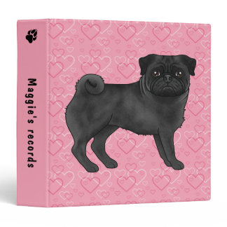 Black Pug Mops Cute Dog Love Hearts Pattern Pink 3 Ring Binder