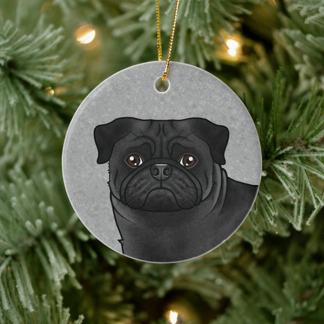 Black Pug Mops Dog Breed Design Cute Dog Head Gray Ceramic Ornament (Tree)