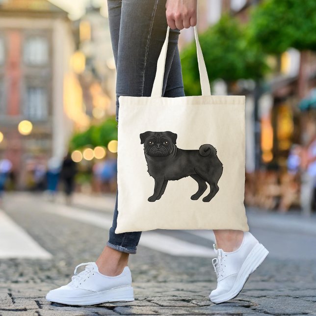 Black Pug Mops Dog Breed Design Cute Illustration Tote Bag (Please note: This image is a digital mockup. The product may not be in scale.)