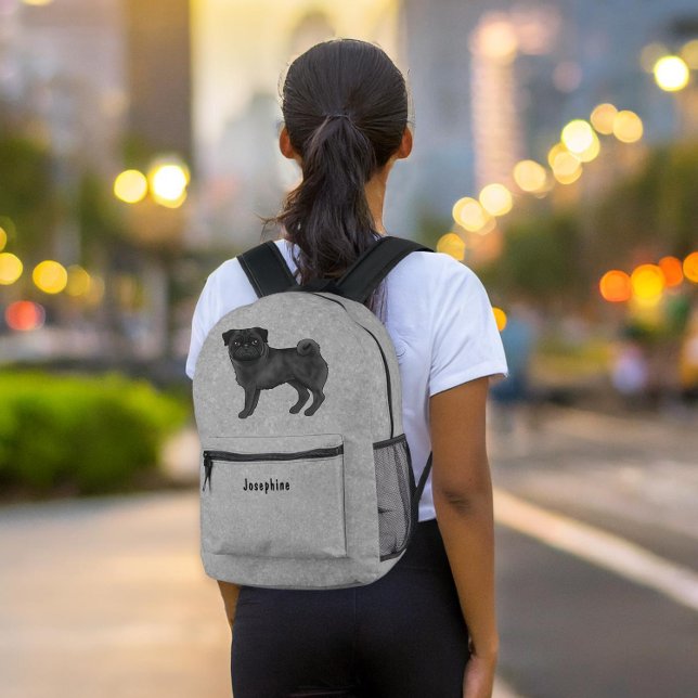 Black Pug Mops Dog Breed Design With Custom Text Printed Backpack